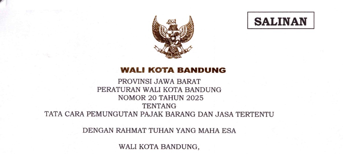 Cover Peraturan Wali Kota Bandung Nomor 20 Tahun 2025 tentang Tata Cara Pemungutan Pajak Barang Dan Jasa Tertentu