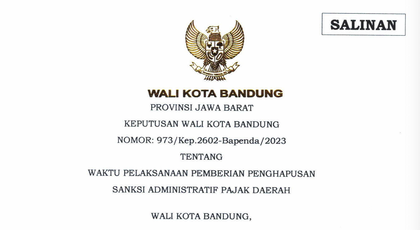 Cover Keputusan Wali Kota Bandung Nomor 973/Kep.2602-Bapenda/2023 Tentang Waktu Pelaksanaan Pemberian Penghapusan Sanksi Administratif Pajak Daerah