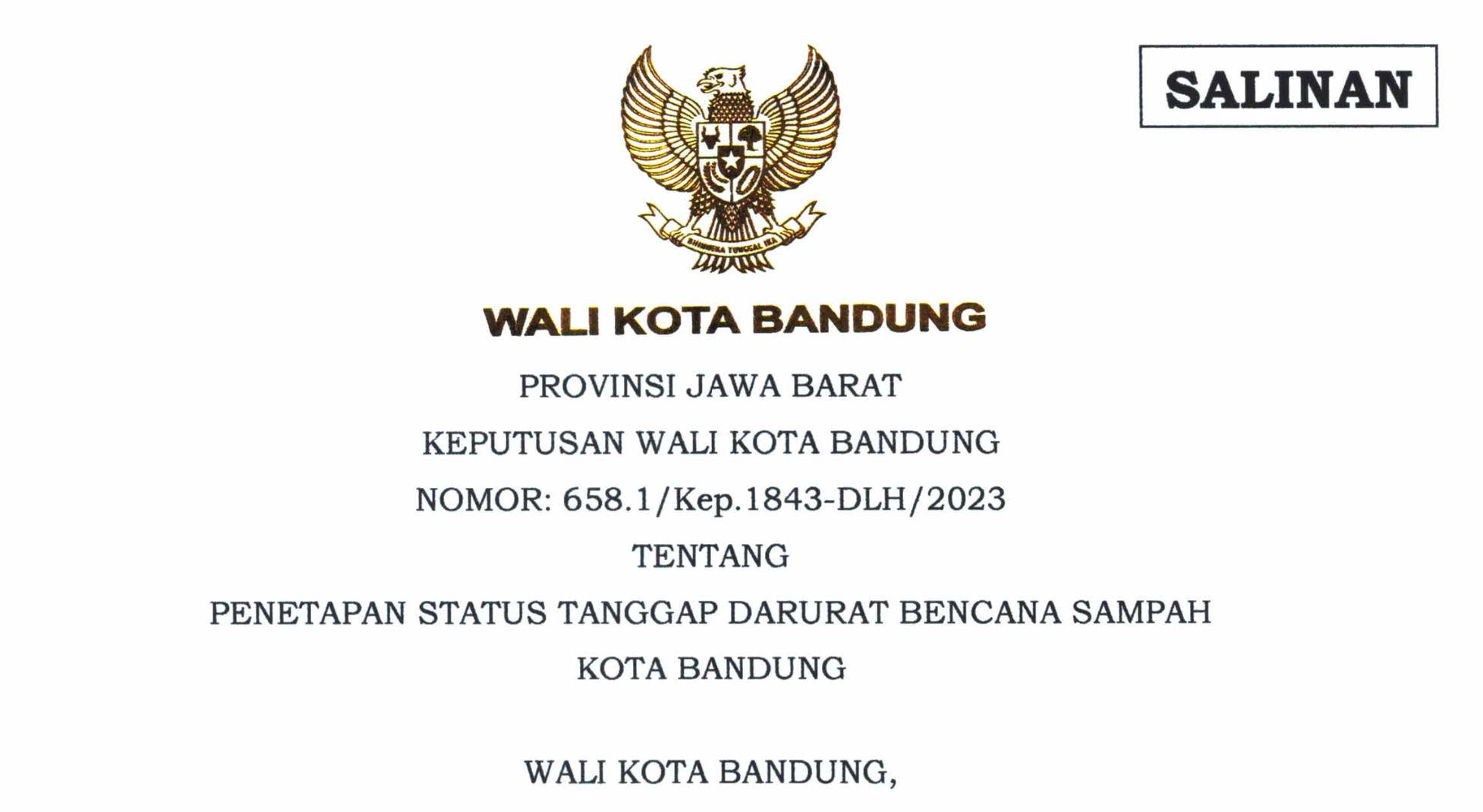 Cover Keputusan Wali Kota Bandung Nomor 658.1/Kep. 1843-DLH/2023 Tentang Penetapan Status Tanggap Darurat Bencana Sampah Kota Bandung