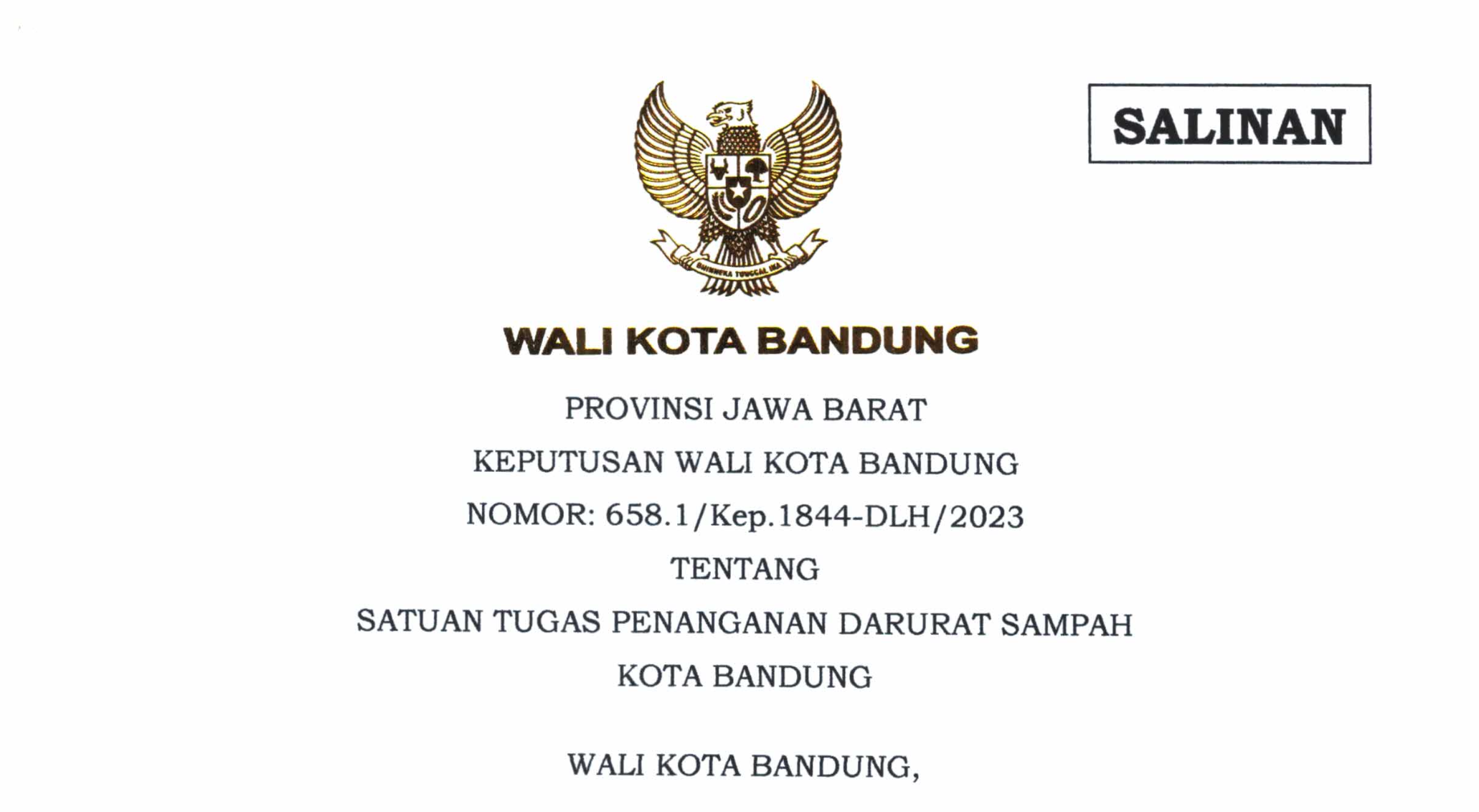Cover Keputusan Wali Kota Bandung Nomor 658.1/Kep.1844-DLH/2023 Tentang satuan Tugas Penanganan Darurat Sampah Kota Bandung