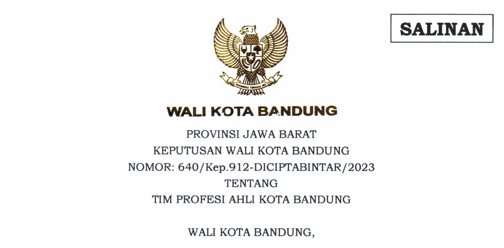 Cover Keputusan Wali Kota Bandung Nomor 640/Kep.912-DICIPTABINTAR/2023 Tentang Tim Profesi Ahli Kota Bandung