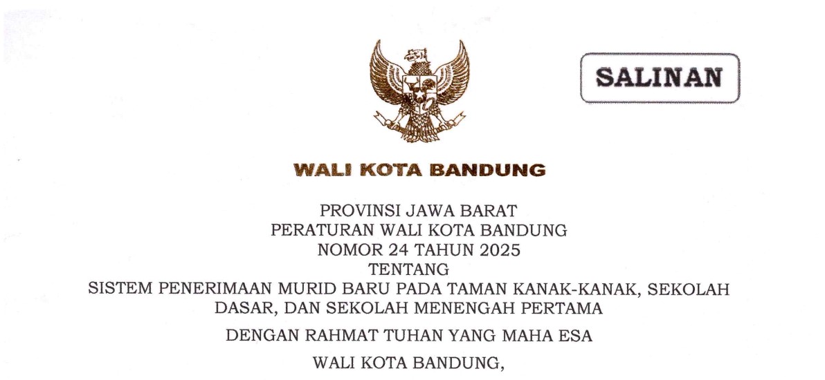 Cover Peraturan Wali Kota Bandung Nomor 24 Tahun 2025 tentang Sistem Penerimaan Murid Baru Pada Taman Kanak-Kanak, Sekolah Dasar, Dan Sekolah Menengah Pertama