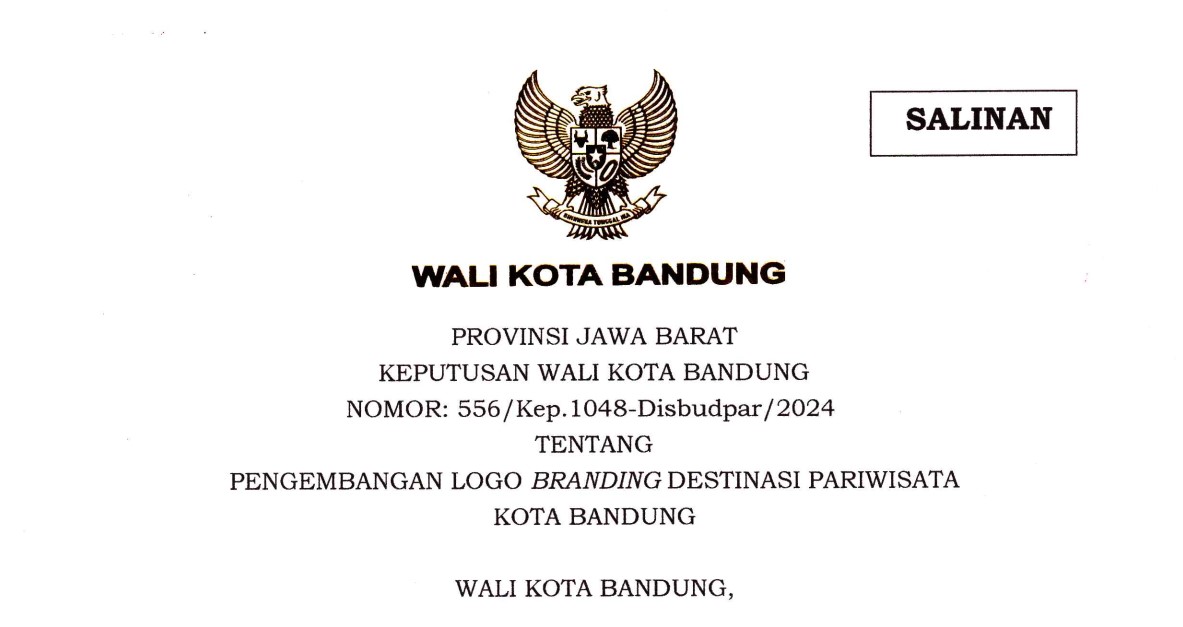 Cover Keputusan Wali Kota Bandung Nomor 556/Kep.1048-Disbudpar/2024 tentang Pengembangan Logo Branding Destinasi Pariwisata Kota Bandung