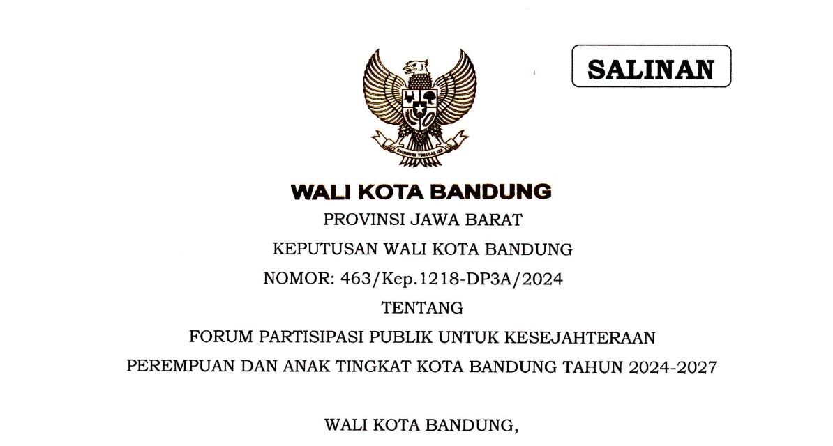 Cover Keputusan Wali Kota Bandung Nomor 463/Kep.1218-DP3A/2024 tentang Forum Partisipasi Publik Untuk Kesejahteraan Perempuan Dan Anak Tingkat Kota Bandung Tahun 2024-2027