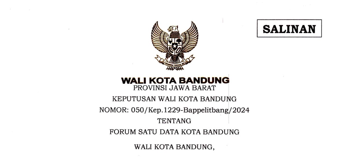 Cover Keputusan Wali Kota Bandung Nomor 050/Kep.1229-Bappelitbang/2024 tentang Forum Satu Data Kota Bandung