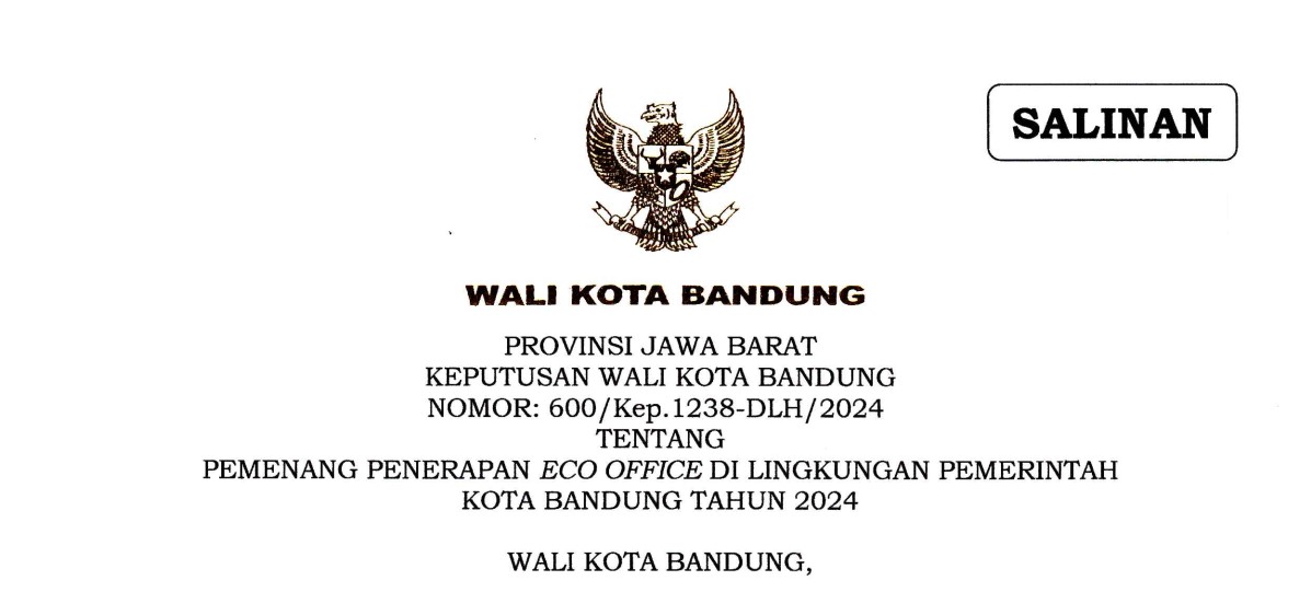 Cover Keputusan Wali Kota Bandung Nomor 600/Kep.1238-DLH/2024 tentang Pemenang Penerapan Eco Office Di Lingkungan Pemerintah Kota Bandung Tahun 2024
