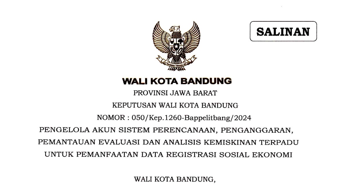 Cover Keputusan Wali Kota Bandung Nomor 050/Kep.1260-Bappelitbang/2024 tentang Pengelola Akun Sistem Perencanaan, Penganggaran, Pemantauan Evaluasi Dan Analisis Kemiskinan Terpadu Untuk Pemanfaatan Data Registrasi Sosial ekonomi