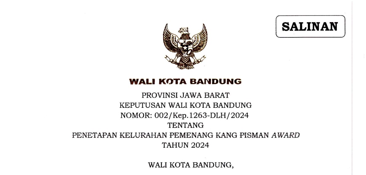 Cover Keputusan Wali Kota Bandung Nomor 002/Kep.1263-DLH/2024 tentang Penetapan Kelurahan Pemenang Kang Pisman Award Tahun 2024
