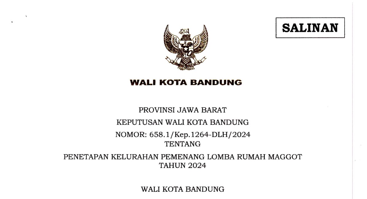 Cover Keputusan Wali Kota Bandung Nomor 658.1/Kep.1264-DLH/2024 tentang Penetapan Kelurahan Pemenang Lomba Rumah Maggot Tahun 2024