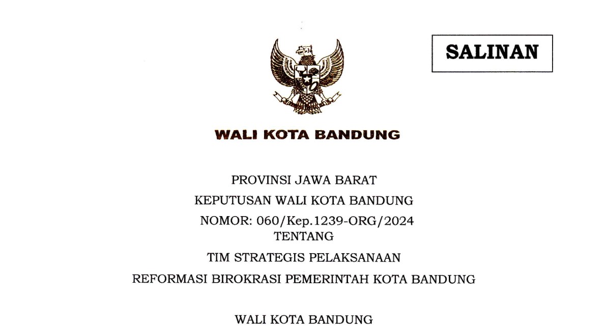 Cover Keputusan Wali Kota Bandung Nomor 060/Kep.1239-ORG/2024 tentang Tim Strategis Pelaksanaan Reformasi Birokrasi Pemerintah Kota Bandung