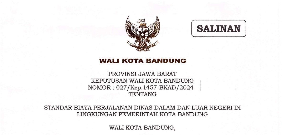 Cover Keputusan Wali Kota Bandung Nomor 027/Kep.1457-BKAD/2024 tentang Standar Biaya Perjalanan Dinas Dalam Dan Luar Negeri Di Lingkungan Pemerintah Kota Bandung