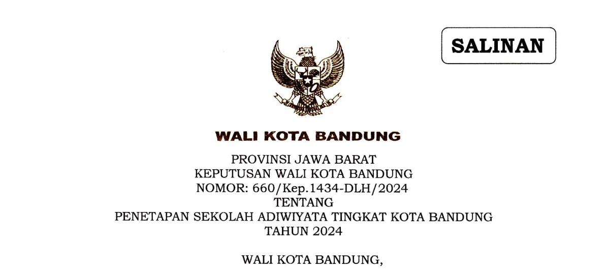 Cover Keputusan Wali Kota Bandung Nomor 660/Kep.1434-DLH/2024 tentang Penetapan Sekolah Adiwiyata Tingkat Kota Bandung Tahun 2024