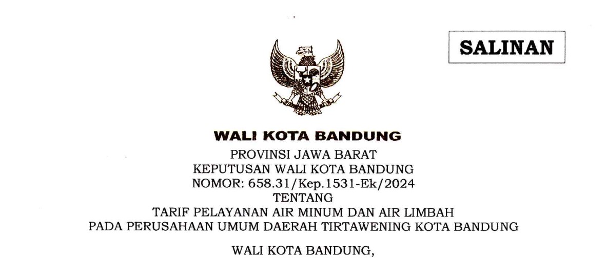 Cover Keputusan Wali Kota Bandung Nomor 658.31/Kep.1531-Ek/2024 tentang Tarif Pelayanan Air Minum Dan Air Limbah Pada Perusahaan Umum Daerah Tirtawening Kota Bandung