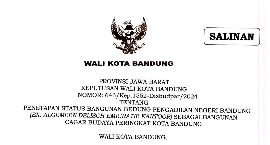 Cover Keputusan Wali Kota Bandung Nomor 646/Kep.1552-Disbudpar/2024 tentang Penetapan Status Bangunan Gedung Pengadilan Negeri Bandung (Ex. Algemeen Delisch Emigratie Kantoor) Sebagai Bangunan Cagar Budaya Peringkat Kota Bandung