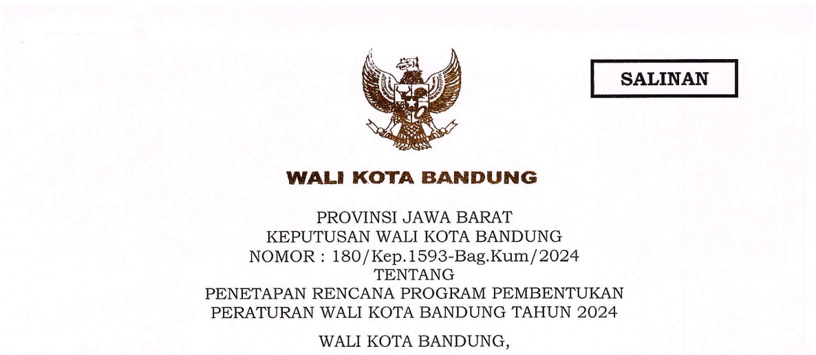 Cover Keputusan Wali Kota Bandung Nomor 180/Kep.1593-Bag.Kum/2024 tentang Penetapan Rencana Program Pembentukan Peraturan Wali Kota Bandung Tahun 2024
