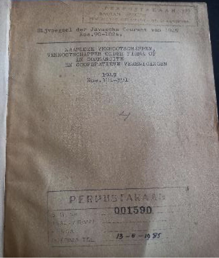 Cover Bijvoegsel der Javasche Courant van 1949 Nos.90-102a. Naamloze Vennootschappen Vennootschappen Onder Firma of En Cooperative Verenigingen 1949 Nos. 301-391
