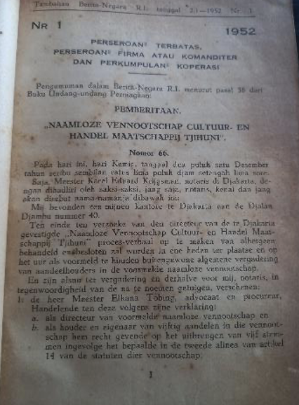 Cover Tambahan Berita Negara R.I 1952 Nr. 1-9. Perseroan Terbatas, Perseroan Firma atau Komanditer dan Perkumpulan Koperasi