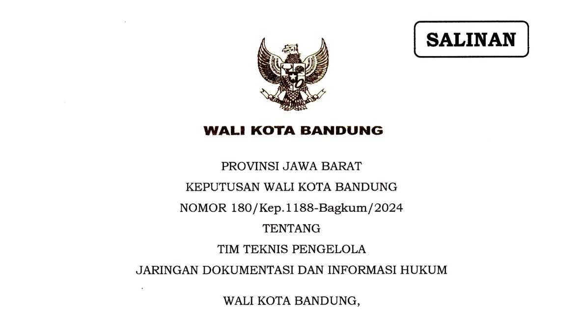 Cover Keputusan Wali Kota Bandung Nomor 180/Kep.1188-Bagkum/2024 tentang Tim Teknis Pengelola Jaringan Dokumentasi Dan Informasi Hukum