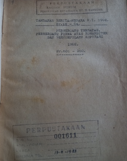 Cover Tambahan Berita Negara R.I 1952 Nr. 68-64. Perseroan Terbatas, Perseroan Firma atau Komanditer dan Perkumpulan Koperasi