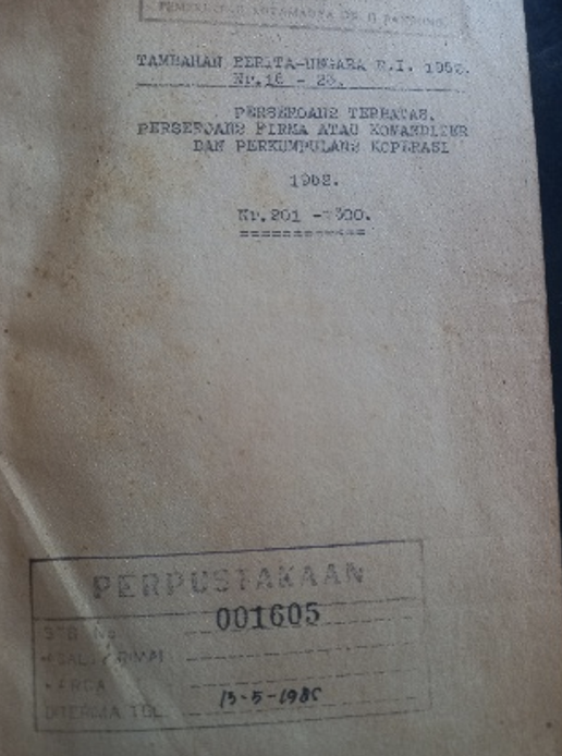 Cover Tambahan Berita Negara R.I 1952 Hr.16 – 23. Perseroan Terbatas, Perseroan Firma atau Komanditer dan Perkumpulan Koperasi