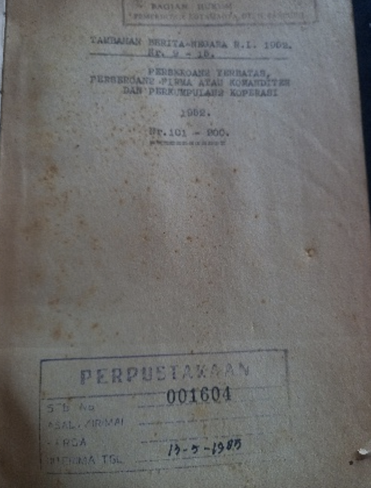 Cover Tambahan Berita Negara R.I 1952 Hr. 9 - 15. Perseroan Terbatas, Perseroan Firma atau Komanditer dan Perkumpulan Koperasi