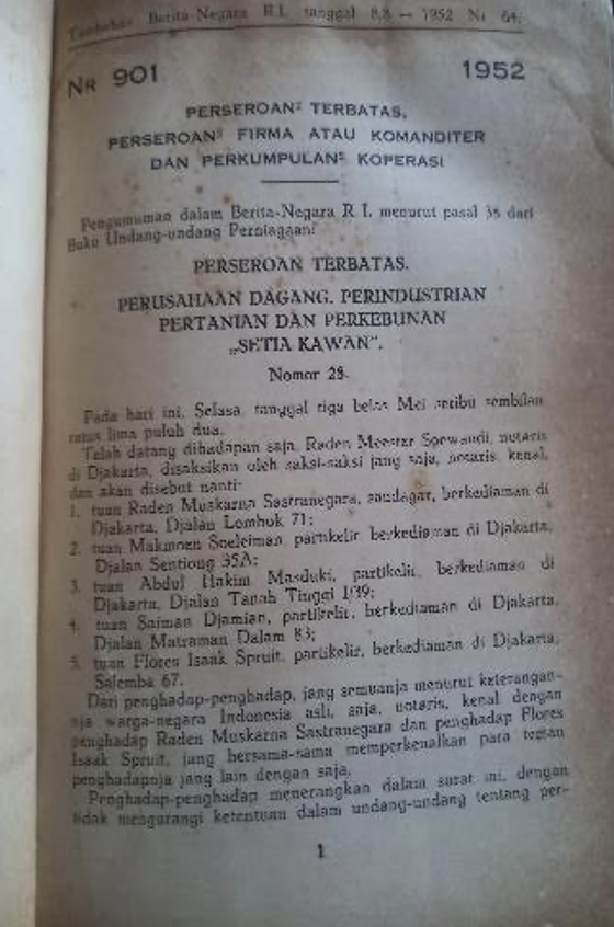 Cover Tambahan Berita Negara R.I 1952 Nr. 64-71. Perseroan Terbatas, Perseroan Firma atau Komanditer dan Perkumpulan Koperasi