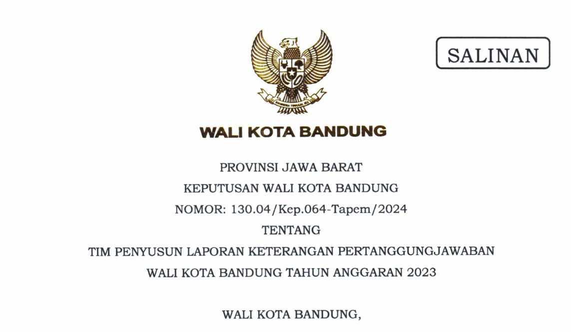 Cover Keputusan Wali Kota Bandung Nomor 130.04/Kep.064-Tapem/2024 tentang Tim Penyusun Laporan Keterangan Pertanggungjawaban Wali Kota Bandung Tahun Anggaran 2023