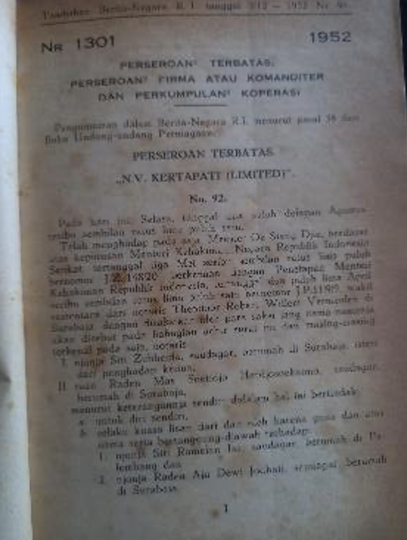 Cover Tambahan Berita Negara R.I 1952 Nr. 98-195. Perseroan Terbatas, Perseroan Firma atau Komanditer dan Perkumpulan Koperasi