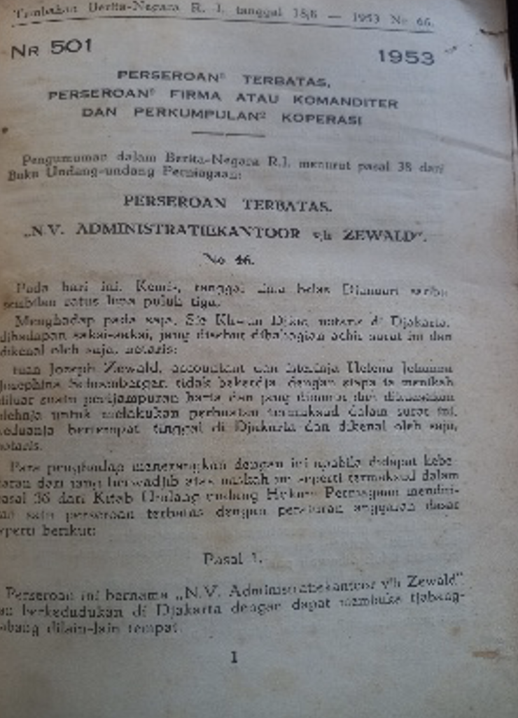 Cover Tambahan Berita Negara R.I 1953 Nr. 66-75. Perseroan Terbatas, Perseroan Firma atau Komanditer dan Perkumpulan Koperasi