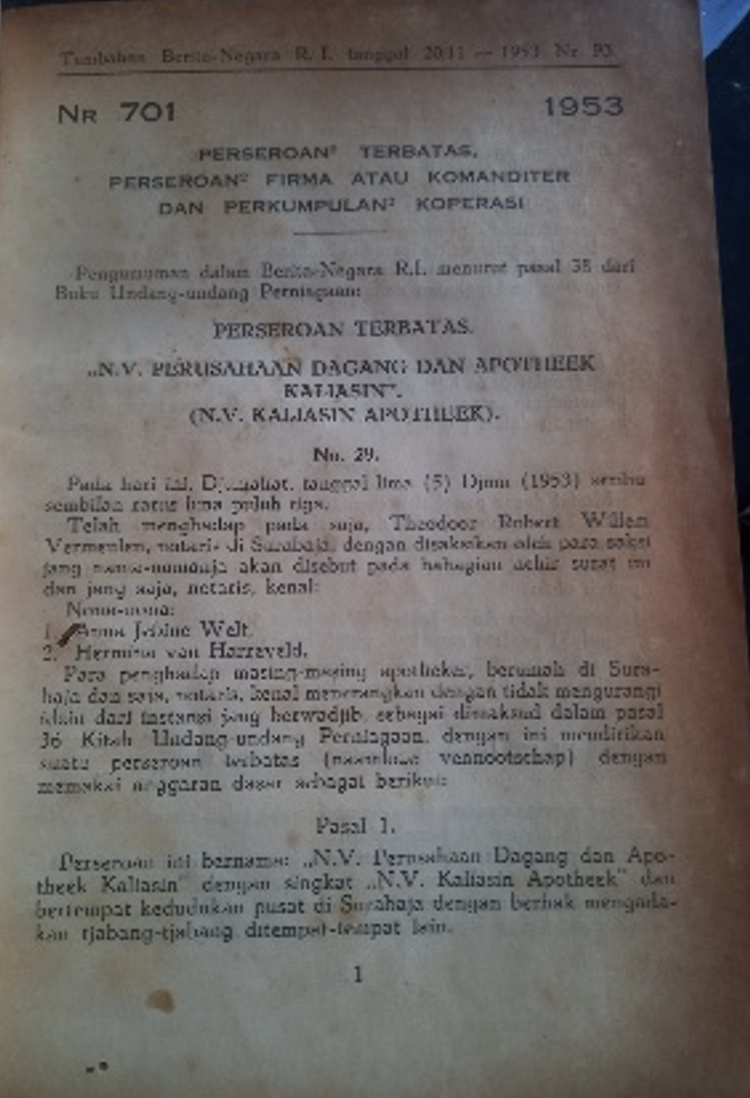 Cover Tambahan Berita Negara R.I 1953 Nr. 93-104. Perseroan Terbatas, Perseroan Firma atau Komanditer dan Perkumpulan Koperasi