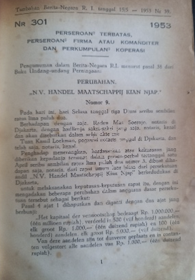 Cover Tambahan Berita Negara R.I 1953 Nr. 39-53. Perseroan Terbatas, Perseroan Firma atau Komanditer dan Perkumpulan Koperasi
