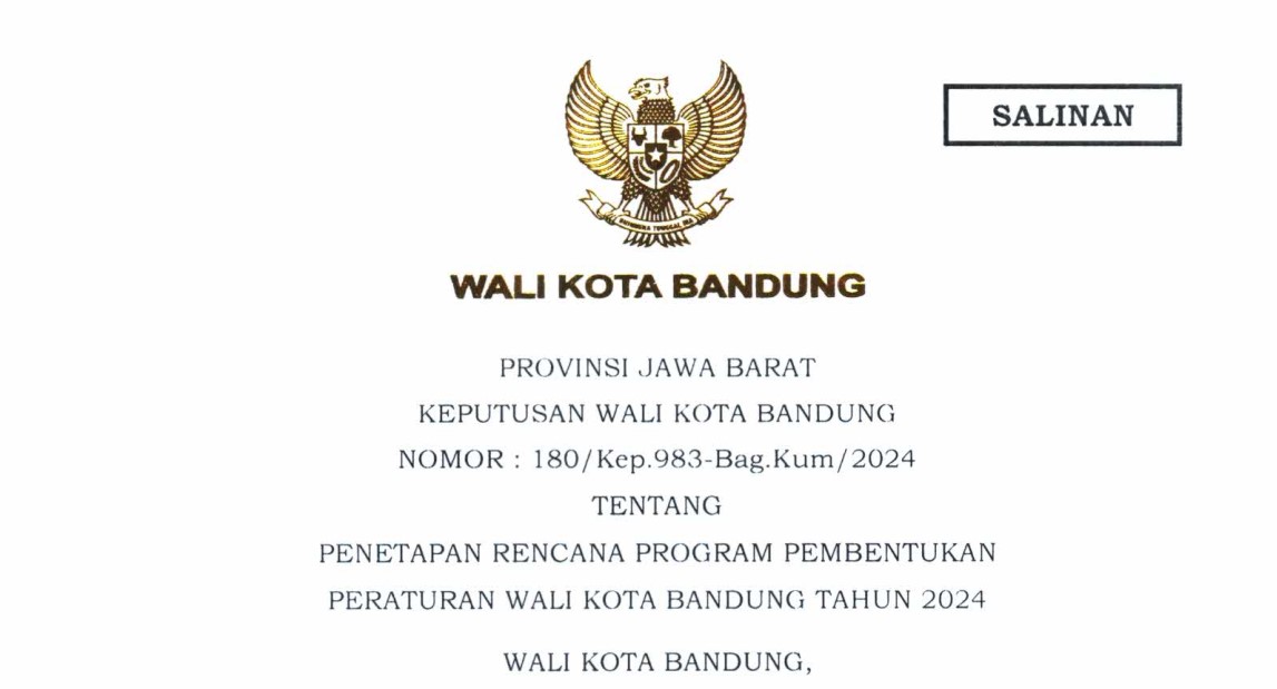 Cover Keputusan Wali Kota Bandung Nomor 180/Kep.983-Bag.Kum/2024 tentang Penetapan Rencana  Program Pembentukan Peraturan Wali Kota Bandung Tahun 2024