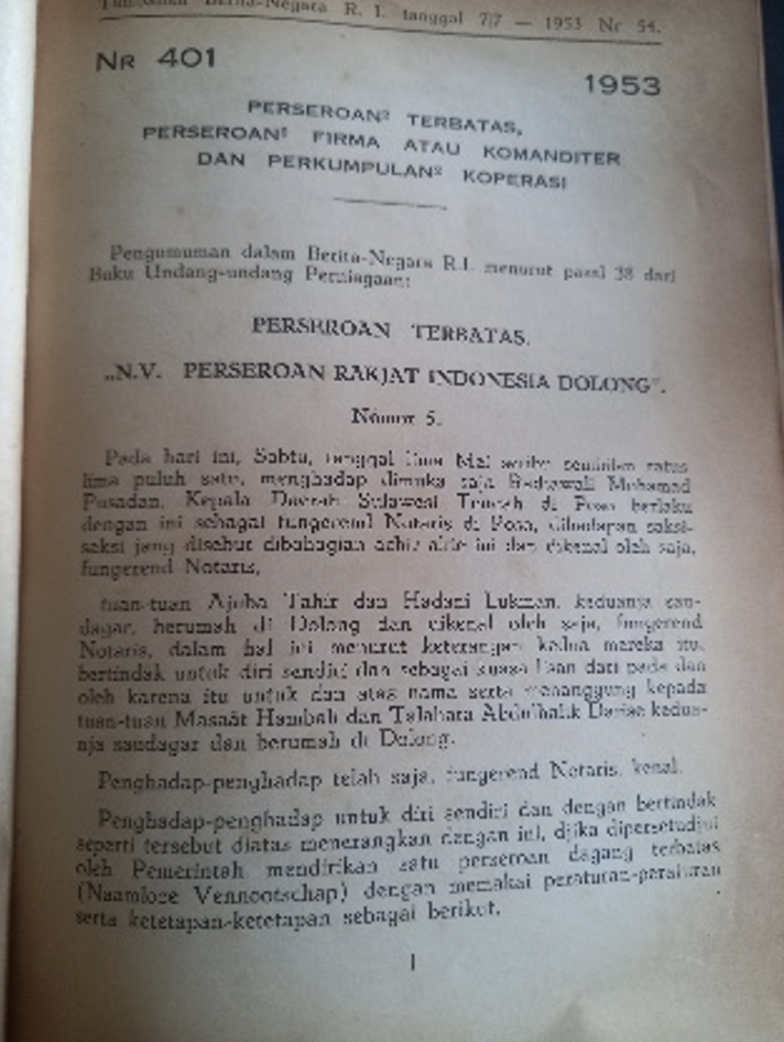 Cover Tambahan Berita Negara R.I 1953 Nr. 54-65. Perseroan Terbatas, Perseroan Firma atau Komanditer dan Perkumpulan Koperasi