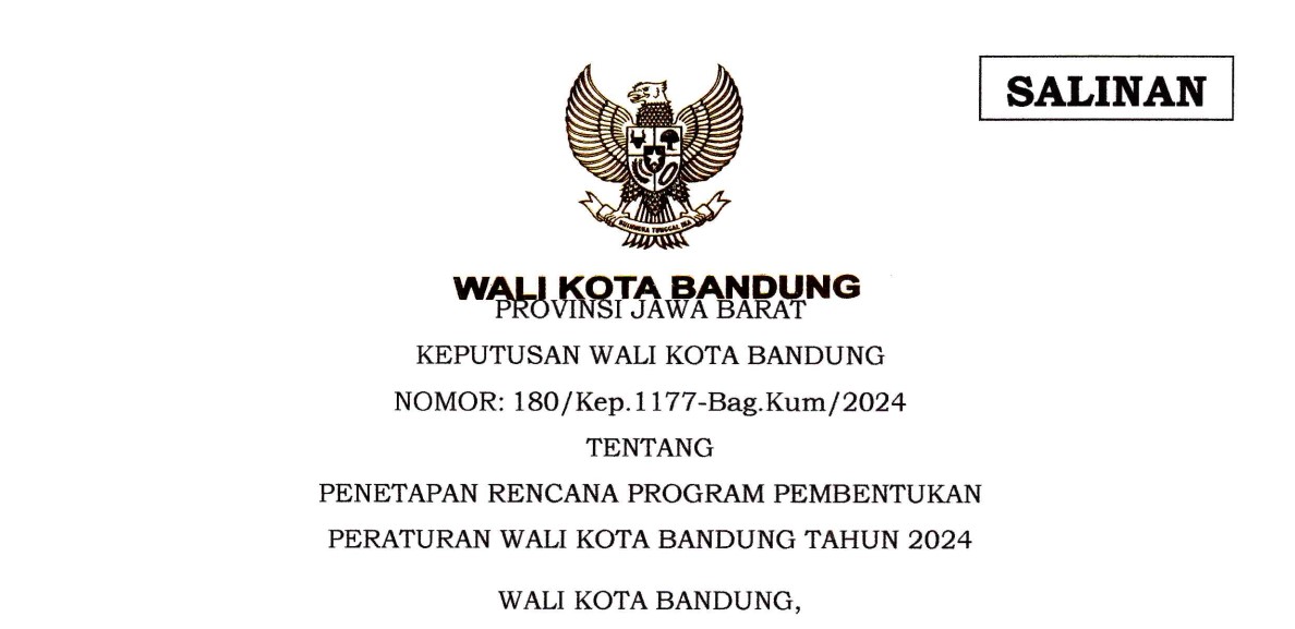 Cover Keputusan Wali Kota Bandung Nomor 180/Kep.1177-Bag.Kum/2024 tentang Penetapan Rencana Program Pembentukan Peraturan Wali Kota Bandung Tahun 2024