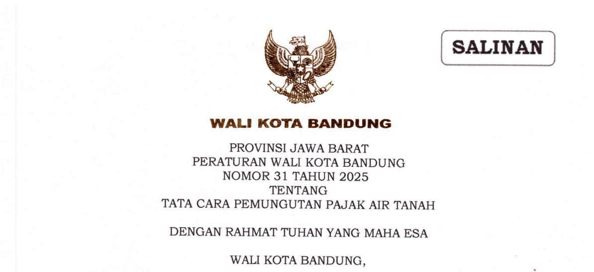 Cover Peraturan Wali Kota Bandung Nomor 31 Tahun 2025 tentang Tata Cara Pemungutan Pajak Air Tanah