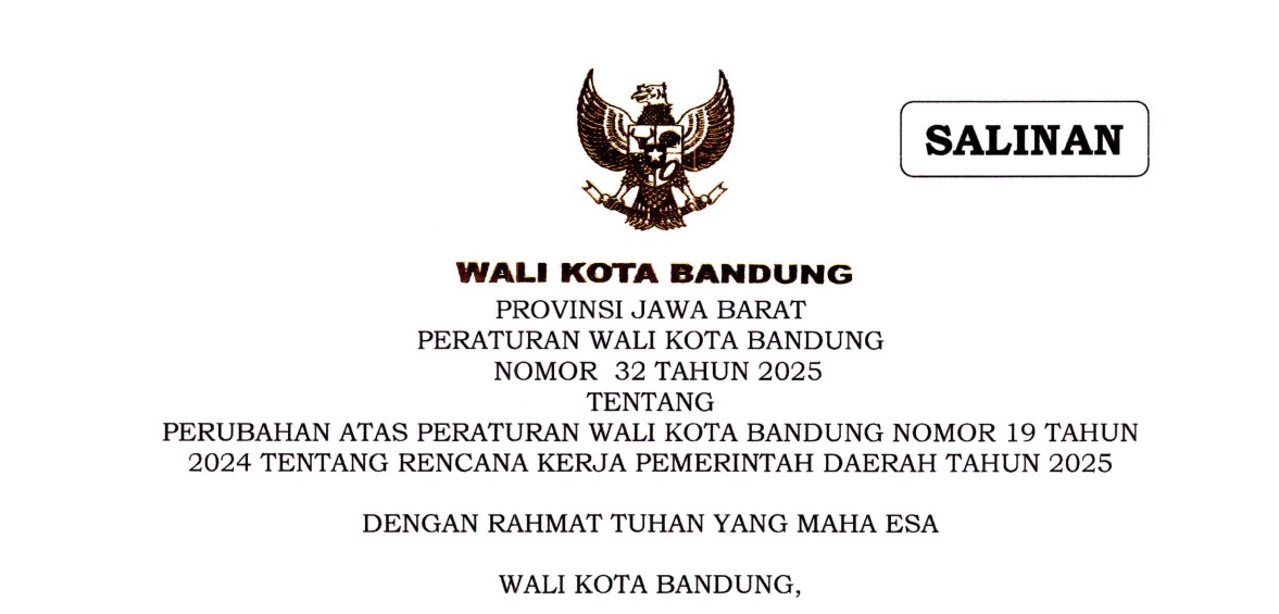 Cover Peraturan Wali Kota Bandung Nomor 32 Tahun 2025 tentang Perubahan Atas Peraturan Wali Kota Bandung Nomor 19 Tahun 2024 tentang Rencana Kerja Pemerintah Daerah Tahun 2025