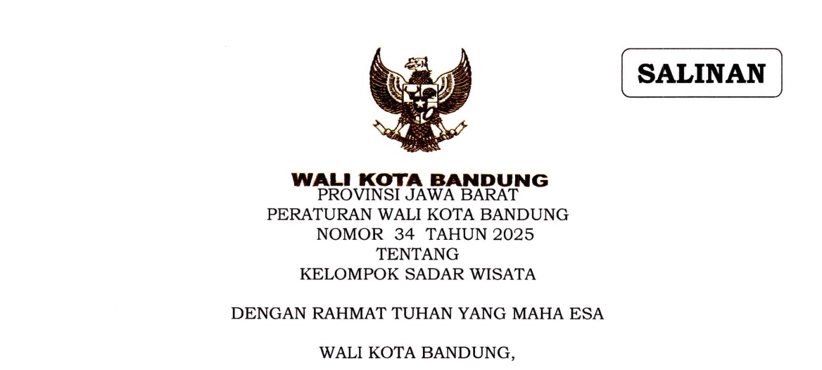 Cover Peraturan Wali Kota Bandung Nomor 34 Tahun 2025 tentang Kelompok Sadar Wisata