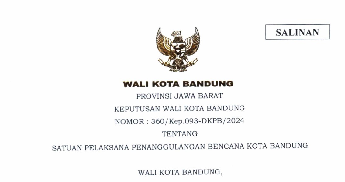 Cover Keputusan Wali Kota Bandung Nomor 360/Kep.093-DPKB/2024 tentang Satuan Pelaksana Penanggulangan Bencana Kota Bandung