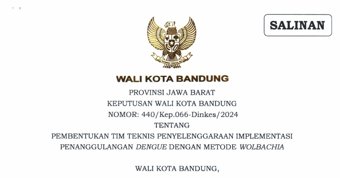 Cover Keputusan Wali Kota Bandung Nomor 440/Kep.066-Dinkes/2024 tentang Pembentukan Tim Teknis Penyelenggaraan Implementasi Penanggulangan Dengue Dengan Metode Wolbachia