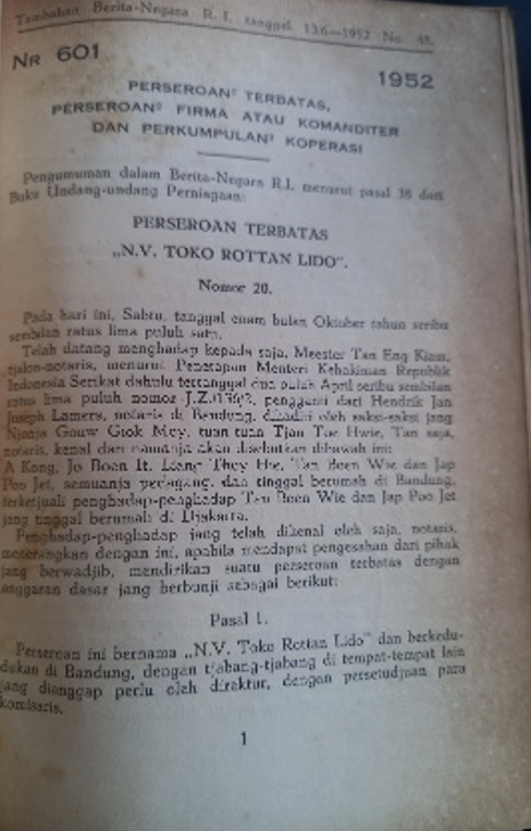 Cover Tambahan Berita Negara R.I 1952  Nr. 48-54.  Perseroan Terbatas, Perseroan Firma atau Komanditer dan Perkumpulan Koperasi