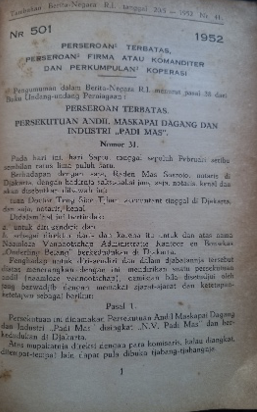 Cover Tambahan Berita Negara R.I 1952  Nr. 41-48.  Perseroan Terbatas, Perseroan Firma atau Komanditer dan Perkumpulan Koperasi