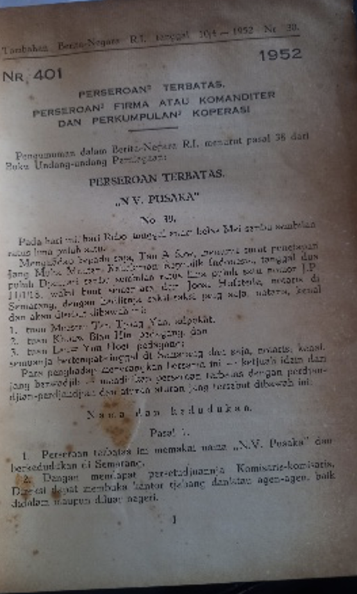 Cover Tambahan Berita Negara R.I 1952  Nr. 30-41.  Perseroan Terbatas, Perseroan Firma atau Komanditer dan Perkumpulan Koperasi