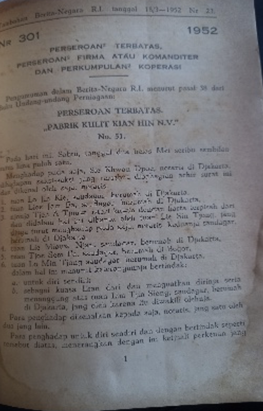 Cover Tambahan Berita Negara R.I 1952  Nr. 23-30.  Perseroan Terbatas, Perseroan Firma atau Komanditer dan Perkumpulan Koperasi
