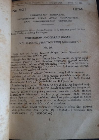 Cover Tambahan Berita Negara R.I. 1954. No. 68 – 84. Perseroan Terbatas, Perseroan Firma atau Komanditer dan Perkumpulan Koperasi