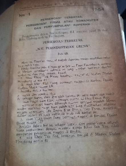 Cover Tambahan Berita Negara R.I. 1954 Nr. 1 – 15. Perseroan Terbatas, Perseroan Firma atau Komanditer dan Perkumpulan Koperasi