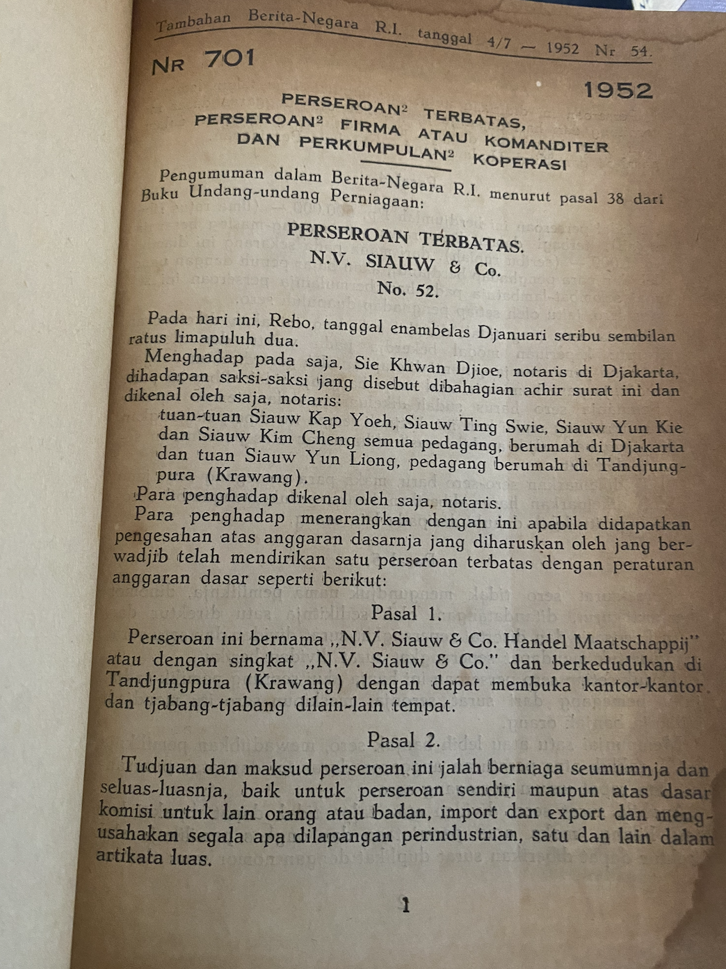 Cover Tambahan Berita Negara R.I 1952  Nr. 54-58.  Perseroan Terbatas, Perseroan Firma atau Komanditer dan Perkumpulan Koperasi