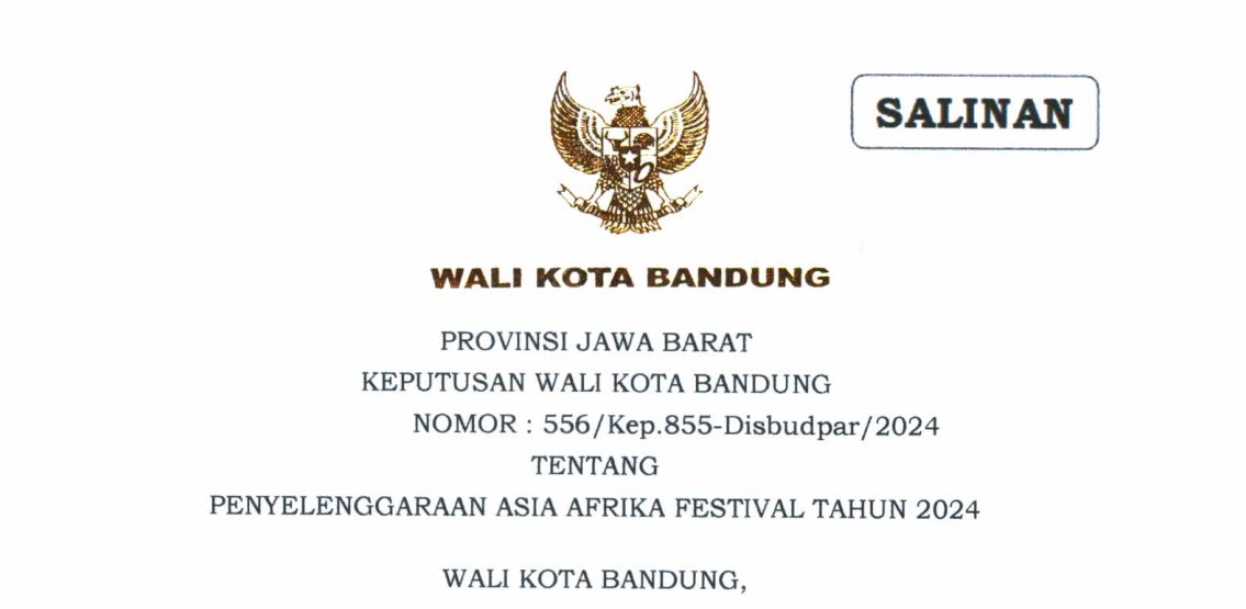 Cover Keputusan Wali Kota Bandung Nomor 556/Kep.855-Disbudpar/2024 tentang Penyelenggaraan Asia Afrika Festival Tahun 2024