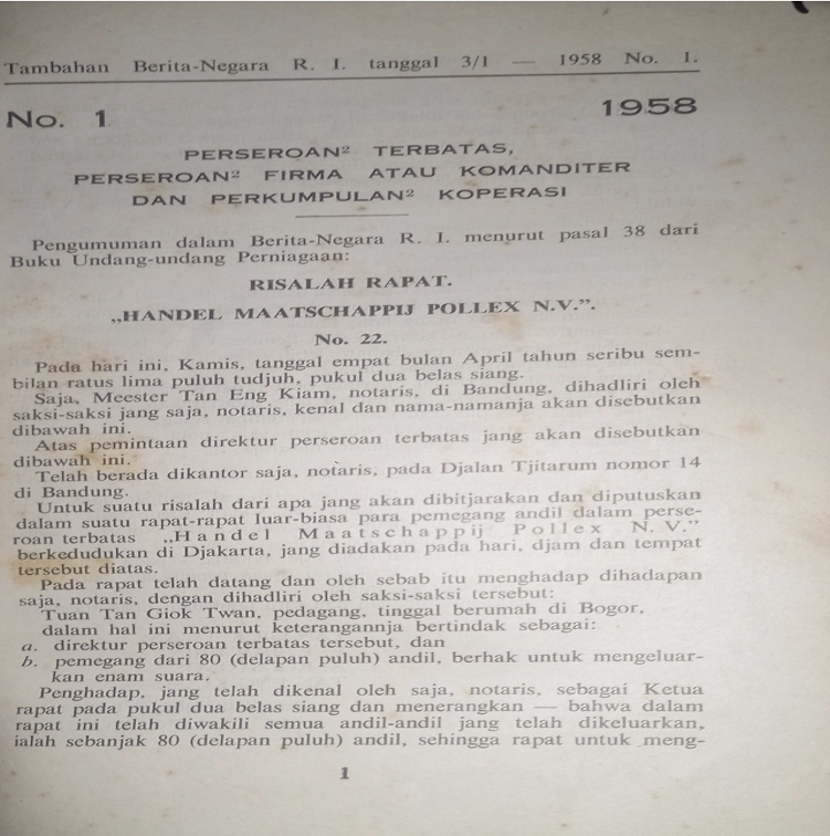 Cover Tambahan Berita Negara R.I. 1958 No. 1. Perseroan Terbatas, Perseroan Firma atau Komanditer dan Perkumpulan Koperasi