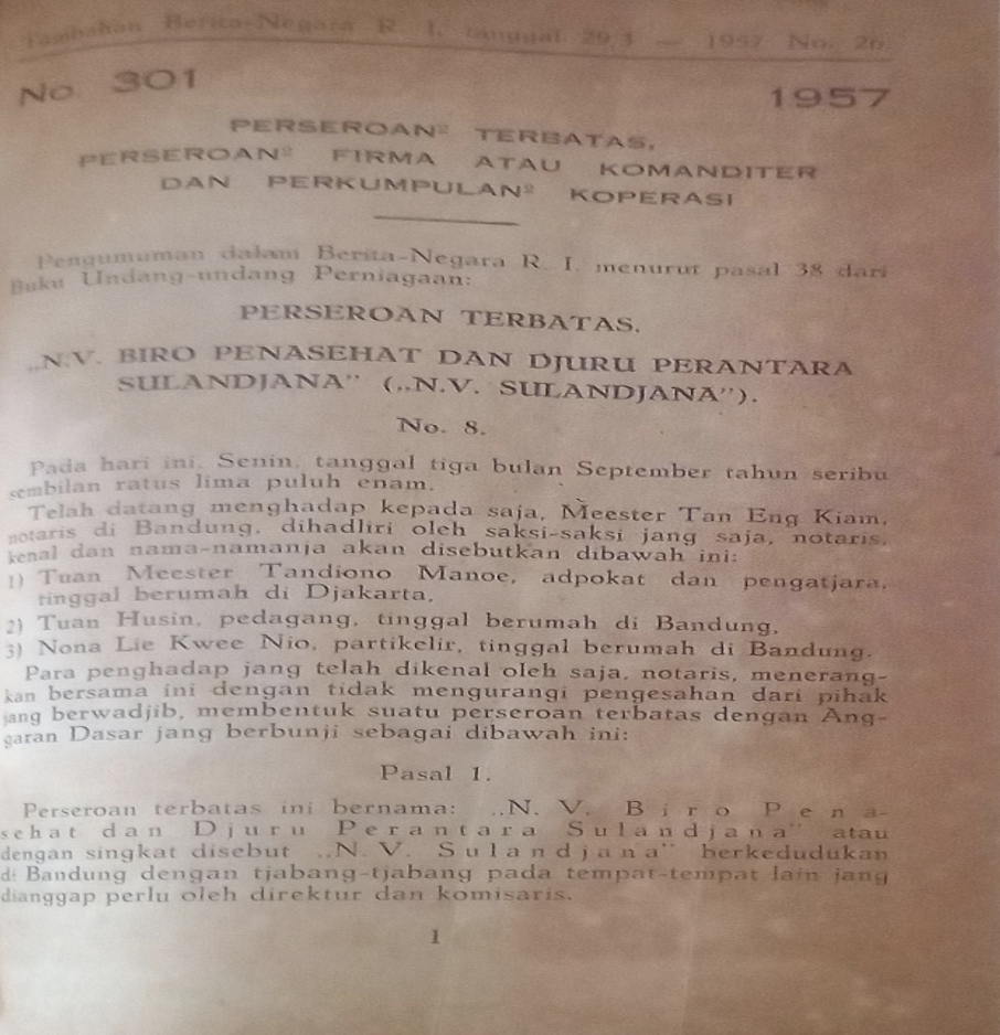 Cover Tambahan Berita Negara R.I 1957  Nr. 26-33.  Perseroan Terbatas, Perseroan Firma atau Komanditer dan Perkumpulan Koperasi