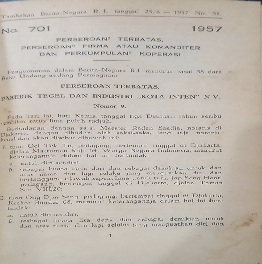 Cover Tambahan Berita Negara R.I 1957  Nr. 51-61.  Perseroan Terbatas, Perseroan Firma atau Komanditer dan Perkumpulan Koperasi